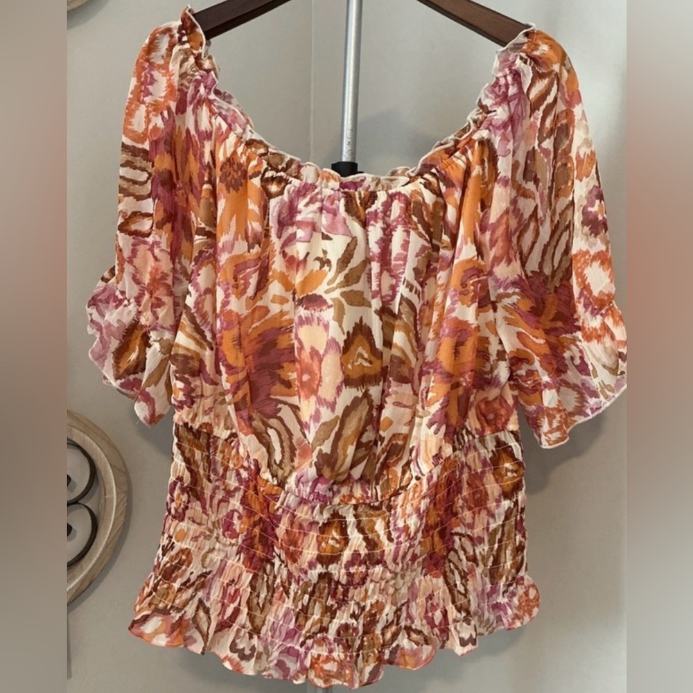 Cato 22/24‎ Peasant Boho Floral Blouse Smocked Waist Ruffle off the Shoulder
